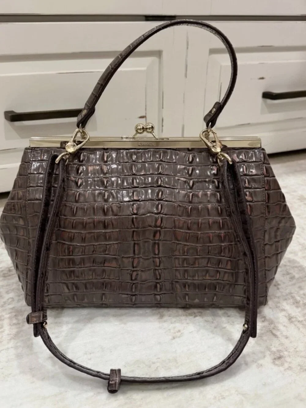 Brahmin Layla Vintage Style Kisslock Framed Satchel Croc Embossed Brown Grey